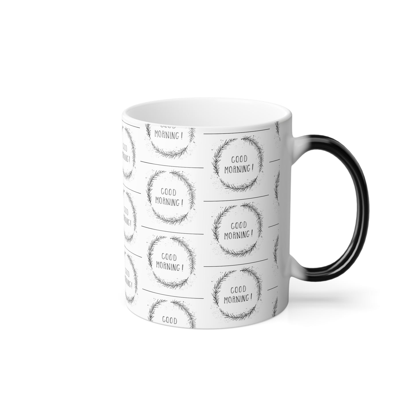 Color-Changing Mug — "Good Morning!" Repeating Stamp Design, 11 oz