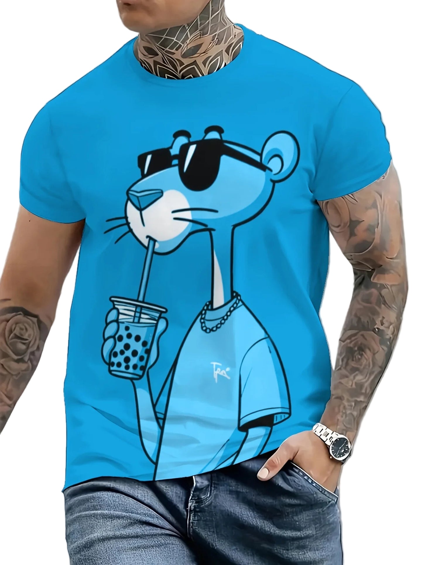 T-shirts Cartoon Pink Panther Print Short Sleeve O-neck Tees Casual Loose Daily Sports Oversized Unisex Tops