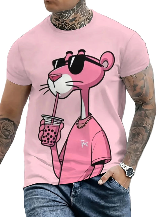 T-shirts Cartoon Pink Panther Print Short Sleeve O-neck Tees Casual Loose Daily Sports Oversized Unisex Tops