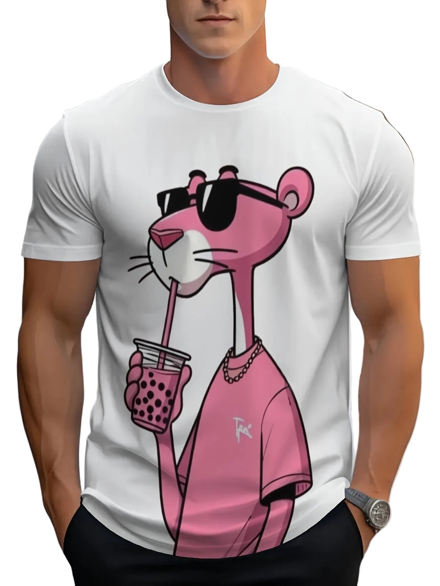 T-shirts Cartoon Pink Panther Print Short Sleeve O-neck Tees Casual Loose Daily Sports Oversized Unisex Tops