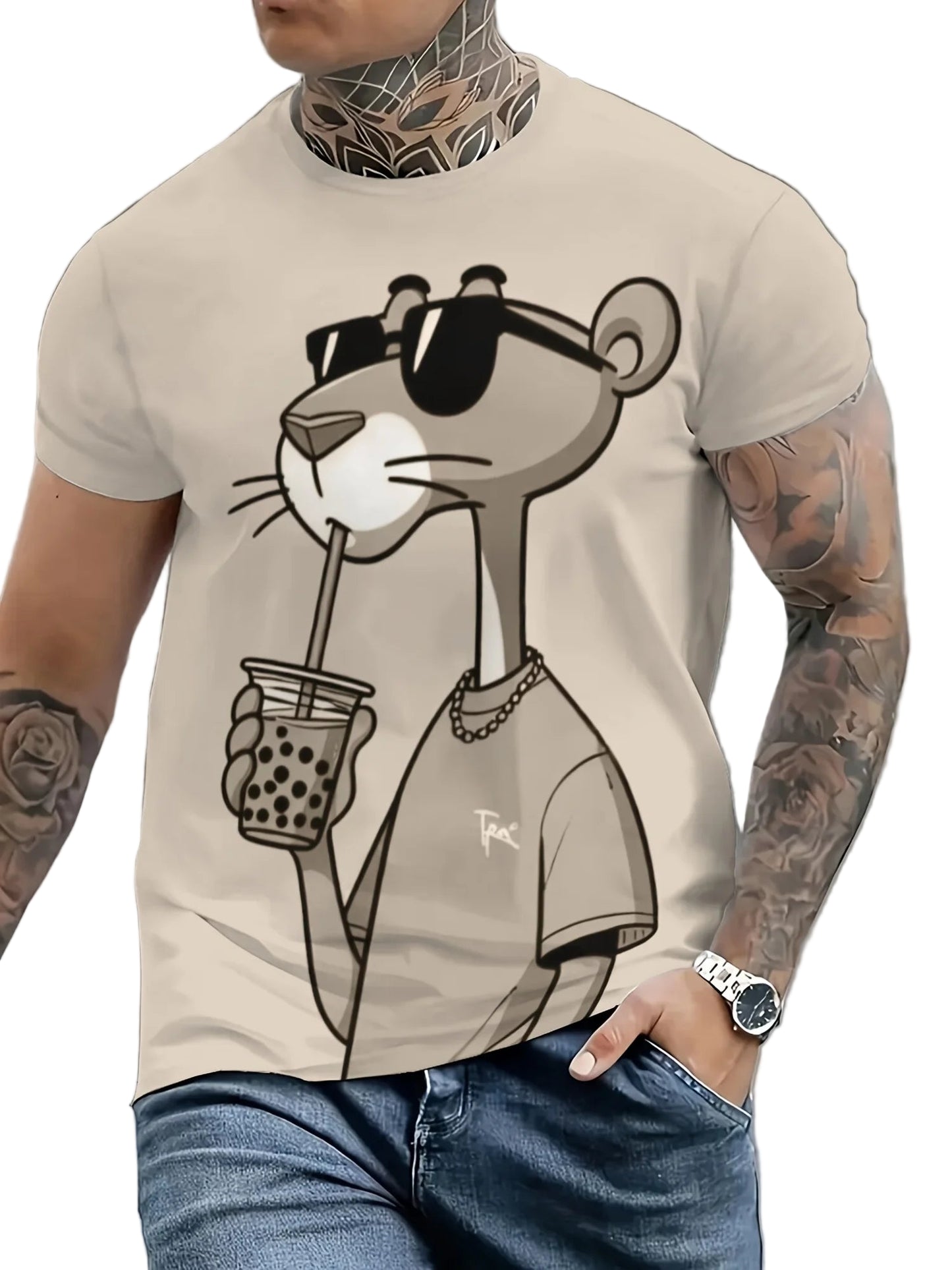 T-shirts Cartoon Pink Panther Print Short Sleeve O-neck Tees Casual Loose Daily Sports Oversized Unisex Tops
