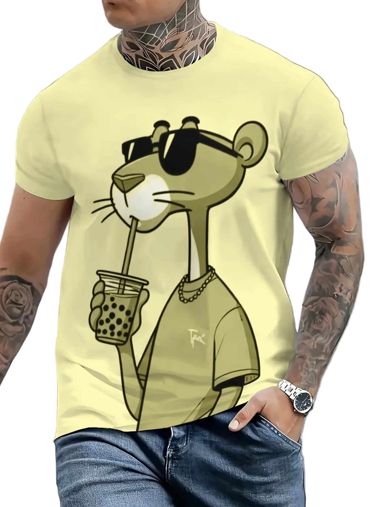 T-shirts Cartoon Pink Panther Print Short Sleeve O-neck Tees Casual Loose Daily Sports Oversized Unisex Tops